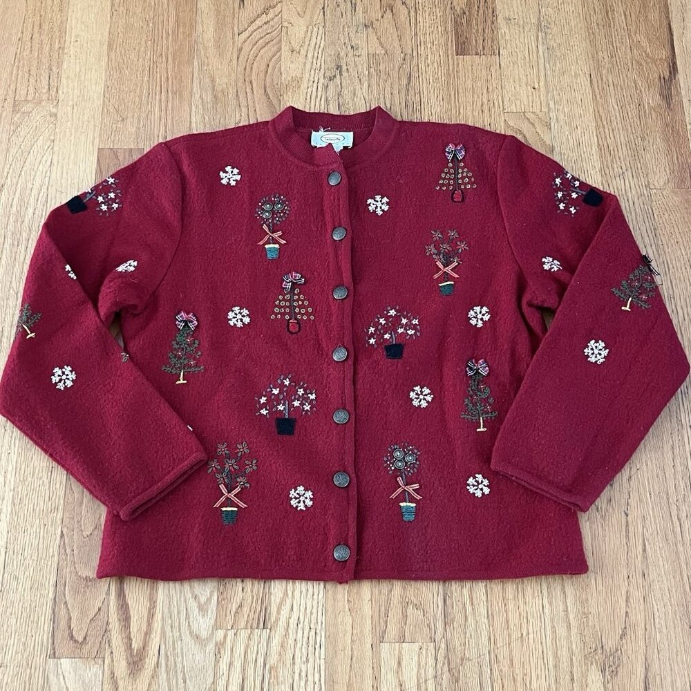 Talbots 100% Wool Red Cardigan Size M PETITE Sweater Embroidered Christmas READ